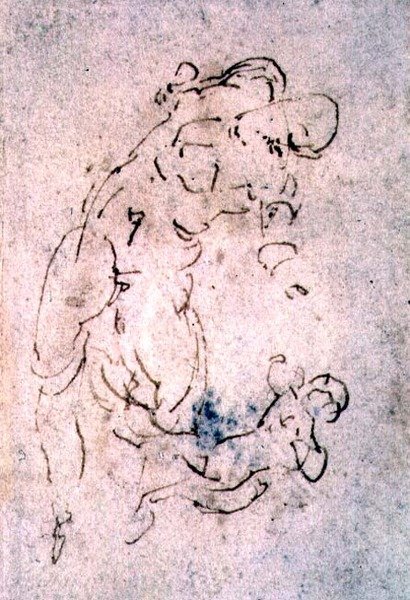 Lasku 1859 6-25-553. R. (W.56) Luonnos makuuasennosta miehestä ja lapsesta (punainen liitu) tekijältä Michelangelo Buonarroti