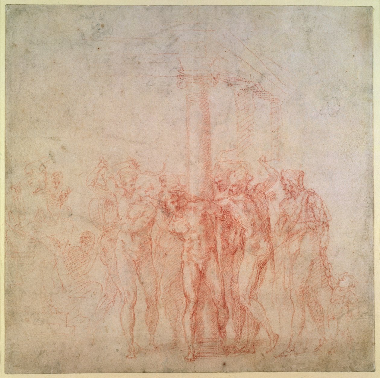 Lasku 1895 6-15-500. R. (W.15) Kristuksen liputus (punainen liitu paperille) tekijältä Michelangelo Buonarroti