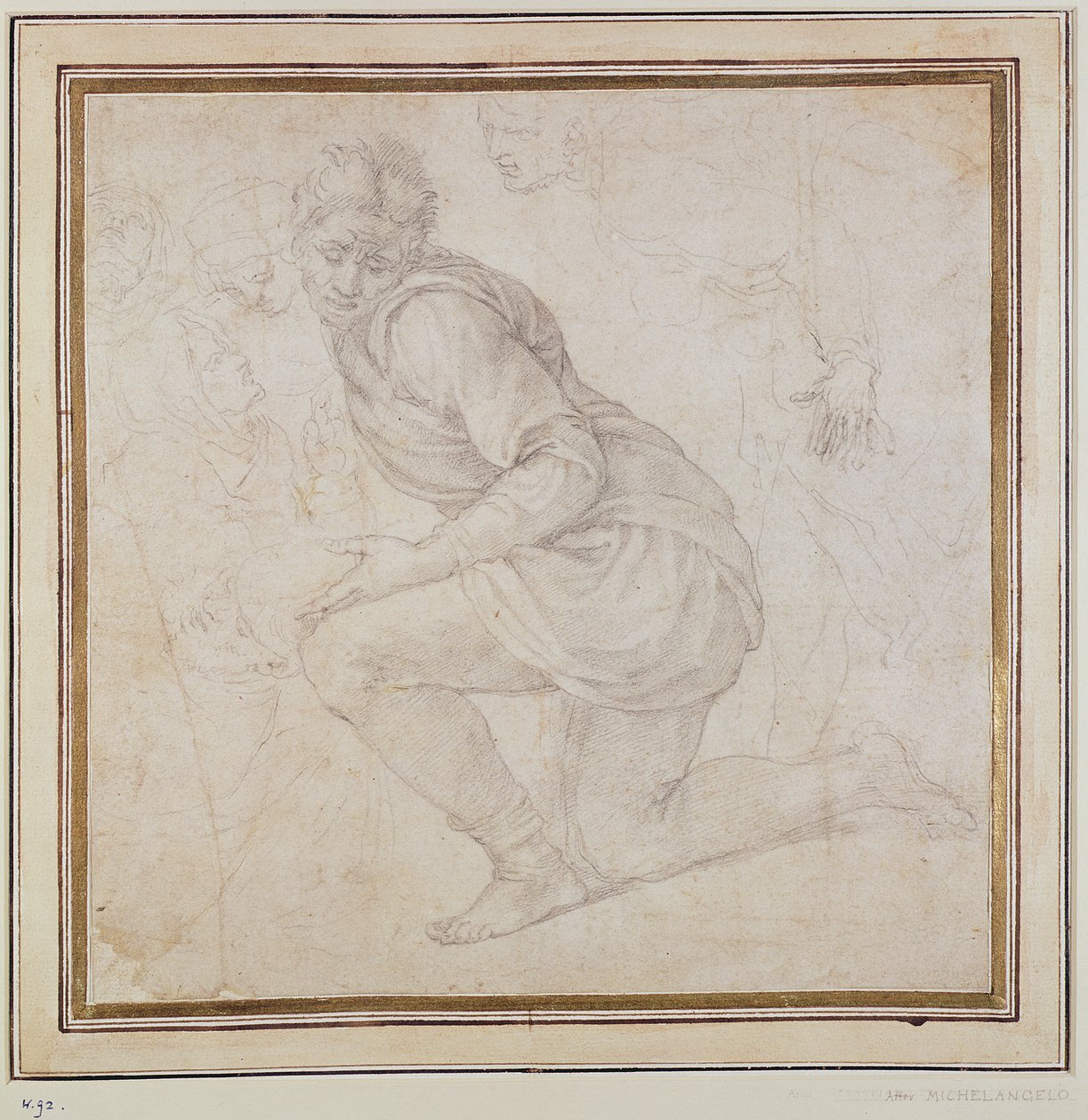 Lasku 5211-75 Fawkener Recto (W.92) Polvistuva mies (piirustus) tekijältä Michelangelo Buonarroti