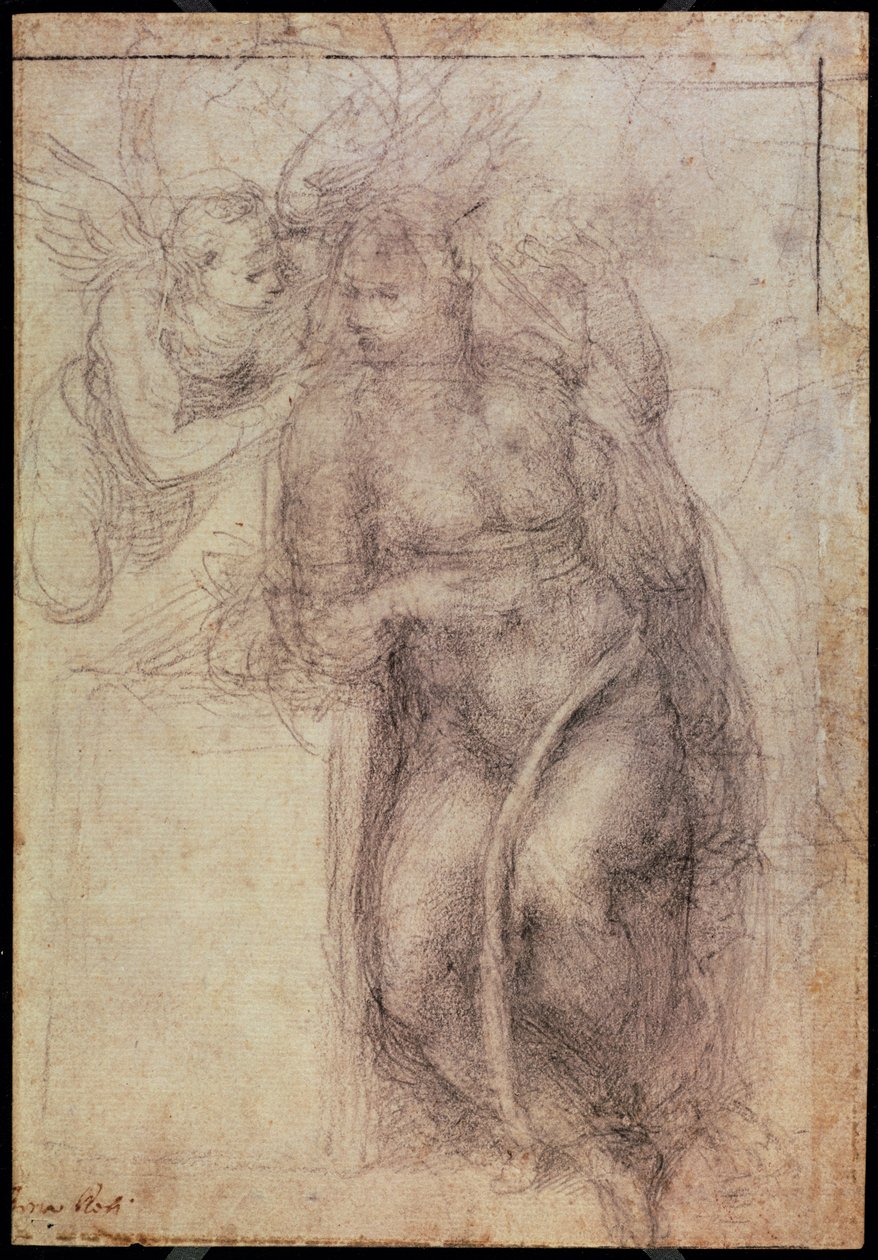 Inv.1895-9-15-516.recto (w.72) Study for the Annunciation (musta liitu paperille), 1547 tekijältä Michelangelo Buonarroti