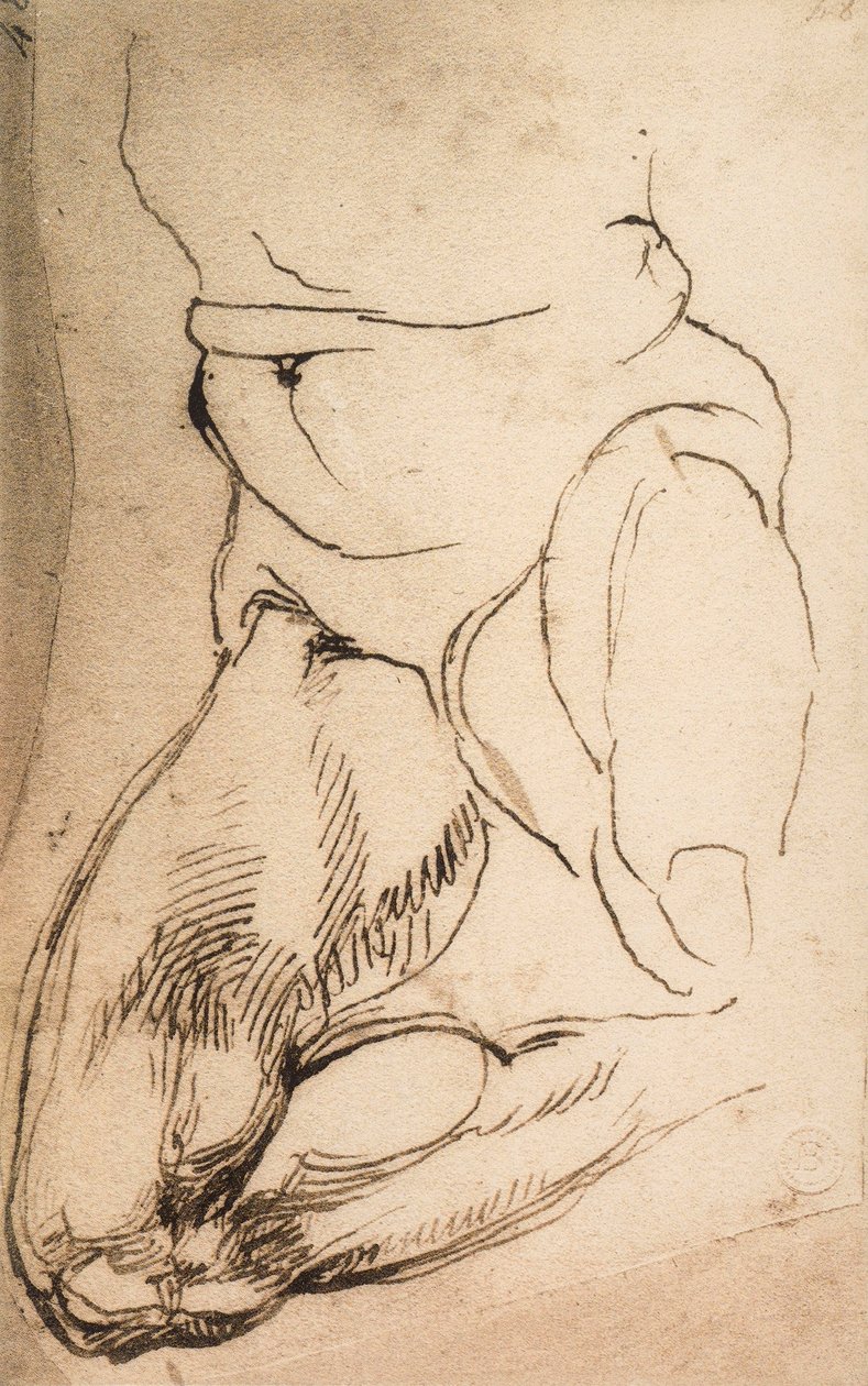 Polvistuva mieshahmo; piirustus Michelangelo. Casa Buonarroti, Firenze tekijältä Michelangelo Buonarroti