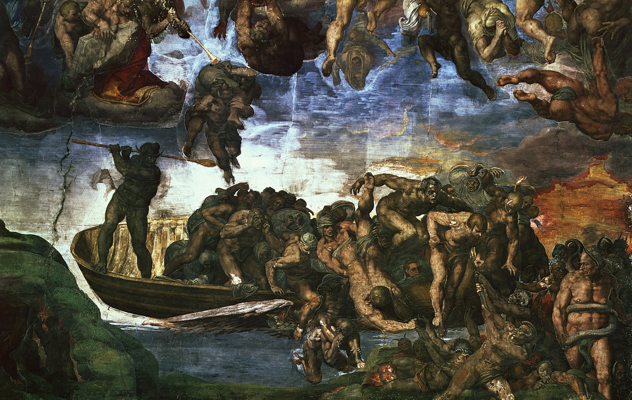 Viimeinen tuomio: yksityiskohta oikeasta alakulmasta, Sikstuksen kappeli tekijältä Michelangelo Buonarroti