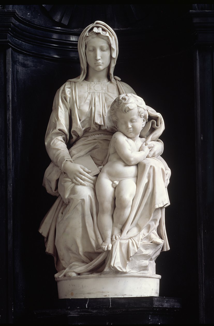 Madonna ja lapsi, Jan van Moescroenin tilaus vuonna 1505, annettu kirkolle 1514 tai 1517 (marmori) tekijältä Michelangelo Buonarroti