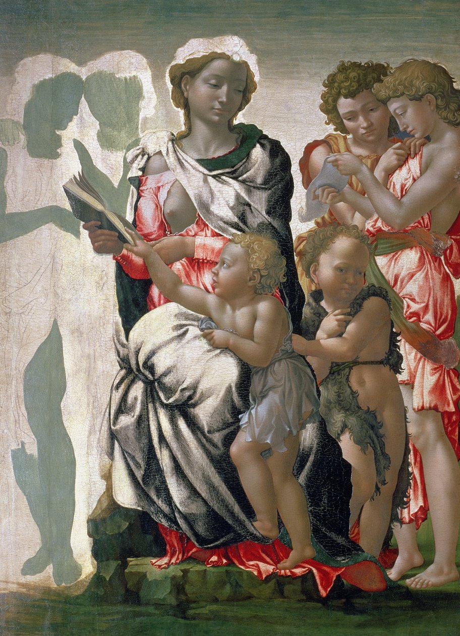 Madonna ja lapsi Pyhän Johanneksen kanssa, n. 1495 (tempera paneelissa) tekijältä Michelangelo Buonarroti