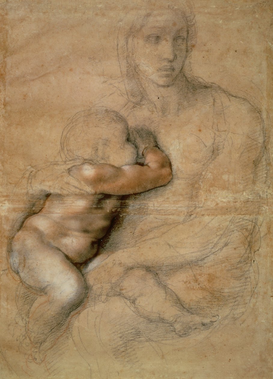 Madonna ja lapsi, n. 1525 (kynä ja punainen liitu paperille) tekijältä Michelangelo Buonarroti
