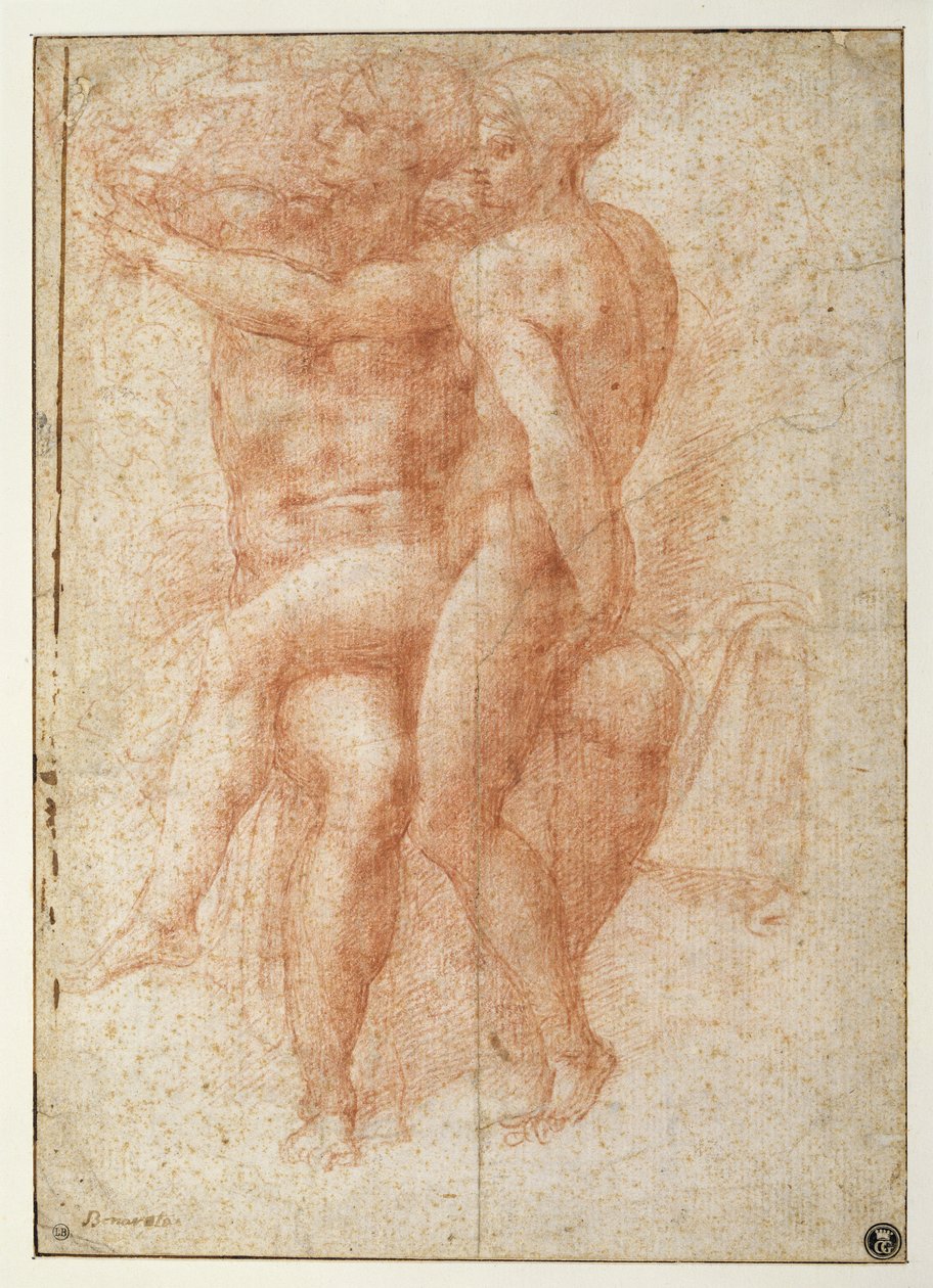 Alaston nainen istuu istuvan miehen polvilla: Adam ja Eeva (sangviini paperilla) tekijältä Michelangelo Buonarroti