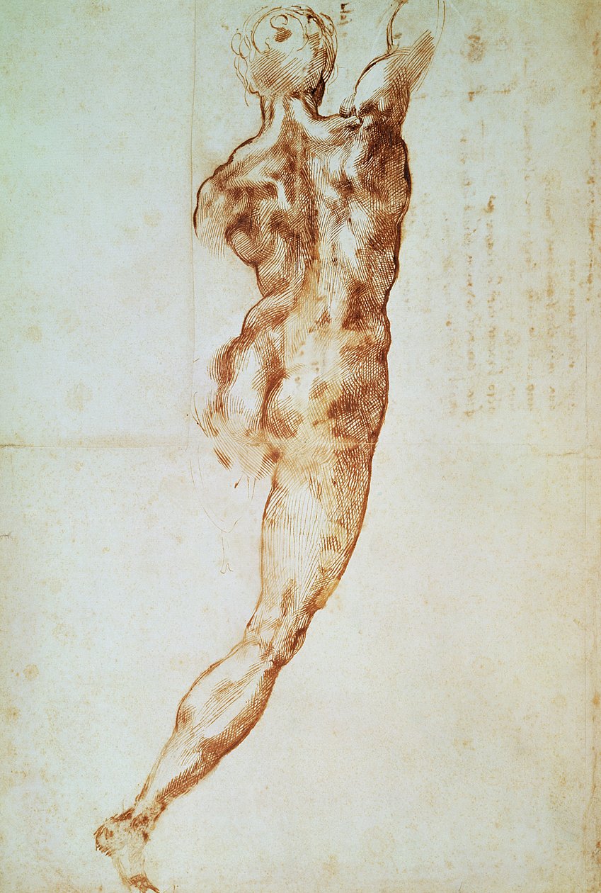 Alaston, tutkimus Cascinan taistelua varten (punainen liitu paperille) tekijältä Michelangelo Buonarroti