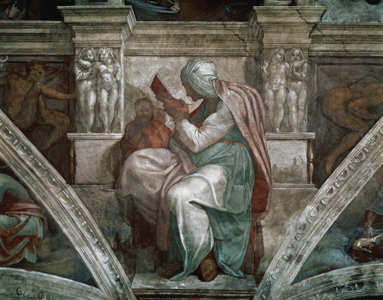 Persialainen Sibylla, yksityiskohta Sikstuksen kappelin katosta, 1508-12 tekijältä Michelangelo Buonarroti