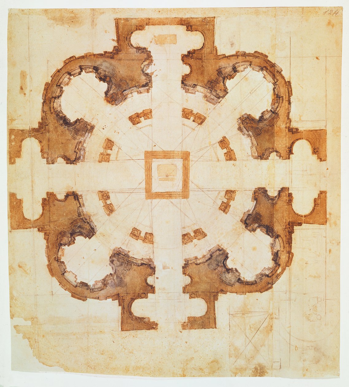 Suunnitelma San Giovanni dei Fiorentinin kirkolle, Rooma, 1500-luku, (muste paperille) tekijältä Michelangelo Buonarroti