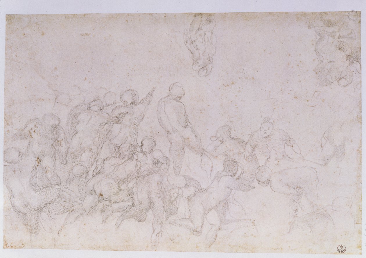 Valmisteleva luonnos "Cascinan taistelua" varten ja kaksi muuta luonnosta (hiili paperilla) (katso myös 18057 ja 49880) tekijältä Michelangelo Buonarroti
