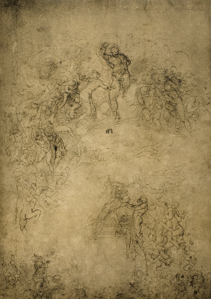 Valmisteleva luonnos viimeistä tuomiota varten Sikstuksen kappelissa; piirustus Michelangelo. Casa Buonarroti, Firenze tekijältä Michelangelo Buonarroti