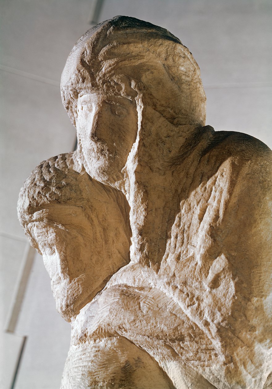 Rondanini Pieta, yksityiskohta Kristuksen ja Marian päistä, marmoria tekijältä Michelangelo Buonarroti