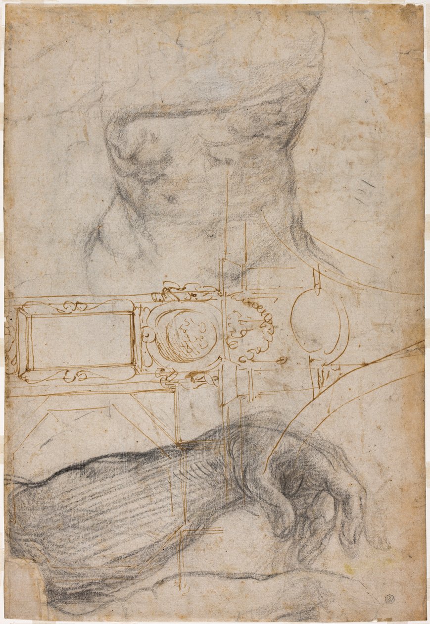 Kaavio Sikstuksen kappelin katon koristeluun, n. 1508 (kynä & ruskea muste ja musta liitu kermapaperille) tekijältä Michelangelo Buonarroti