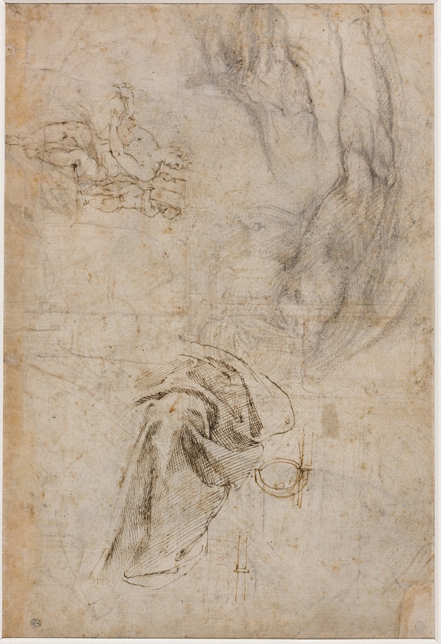 Kaavio Sikstuksen kappelin katon koristeluun, n. 1508 (kynä & ruskea muste ja puuhiili kermapaperilla) tekijältä Michelangelo Buonarroti