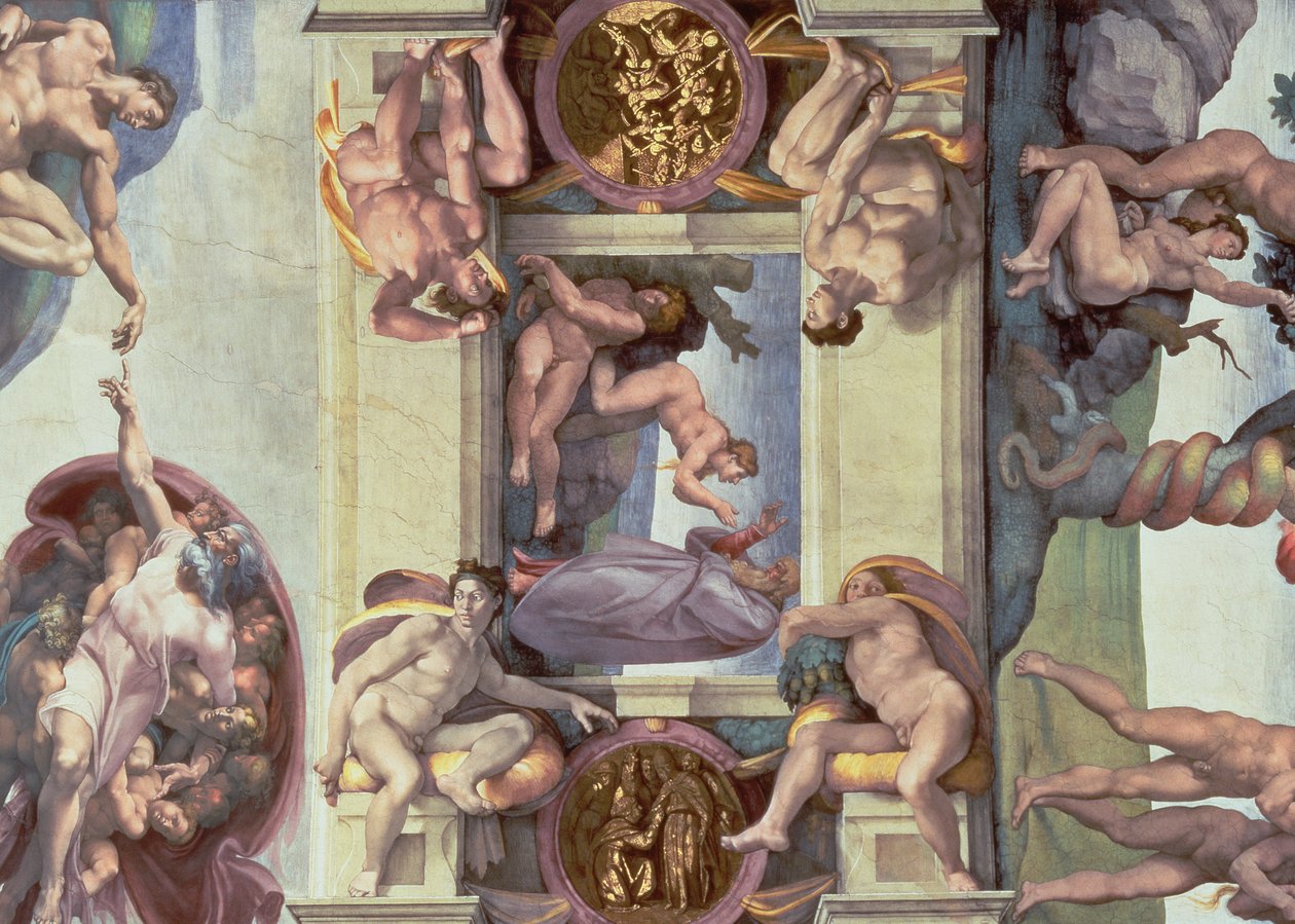 Sikstuksen kappelin katto (1508-12): Eevan luominen, 1510 (palautuksen jälkeen) tekijältä Michelangelo Buonarroti