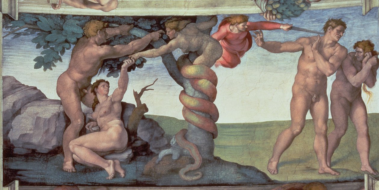 Sikstuksen kappelin katto (1508-12): Ihmisen lankeemus, 1510 (kunnostuksen jälkeen) tekijältä Michelangelo Buonarroti