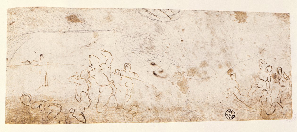 Sikstuksen kappelin katto (1508-12): luonnos hahmoista "The Flood" -sarjaan (kynä ja ruskea muste) tekijältä Michelangelo Buonarroti