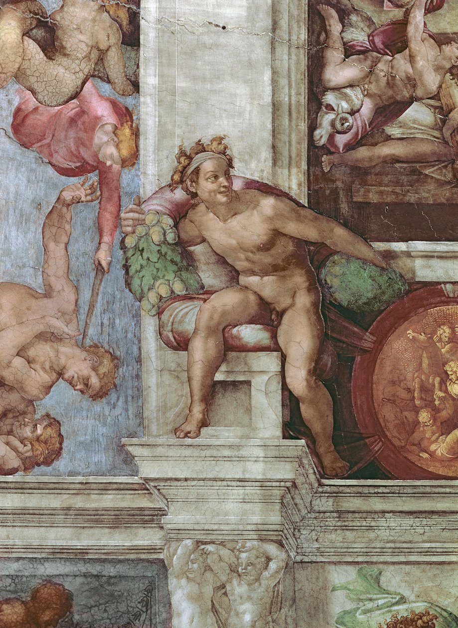 Sikstuksen kappelin katto 1508-12: Aadamin ja Eevan karkottaminen Eedenin puutarhasta freskon restaurointia edeltävä yksityiskohta vuodelta 571: Ignudo tekijältä Michelangelo Buonarroti