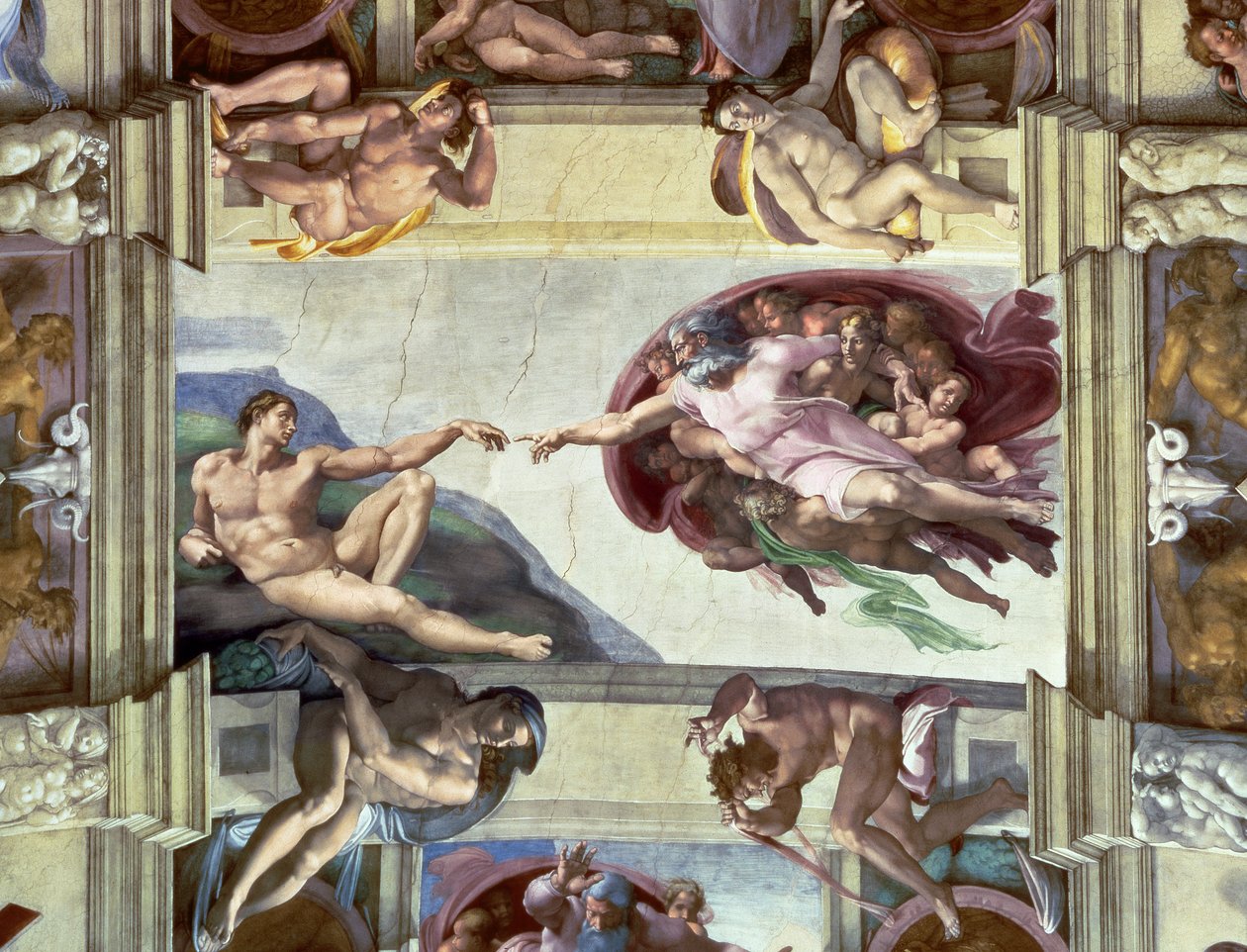 Sikstuksen kappelin katto: Aadamin luominen, 1510 tekijältä Michelangelo Buonarroti