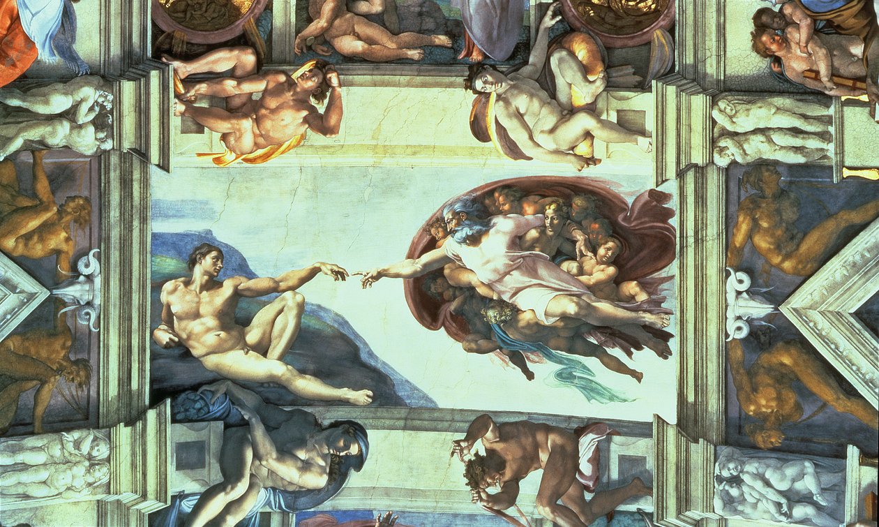 Sikstuksen kappelin katto: Aadamin luominen, 1510 (restauroinnin jälkeen) tekijältä Michelangelo Buonarroti