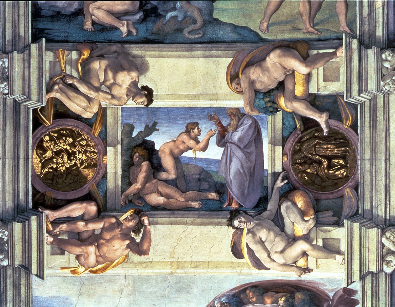 Sikstuksen kappelin katto: Eevan luominen, neljä Ignudia, 1510 (kunnostuksen jälkeen) tekijältä Michelangelo Buonarroti