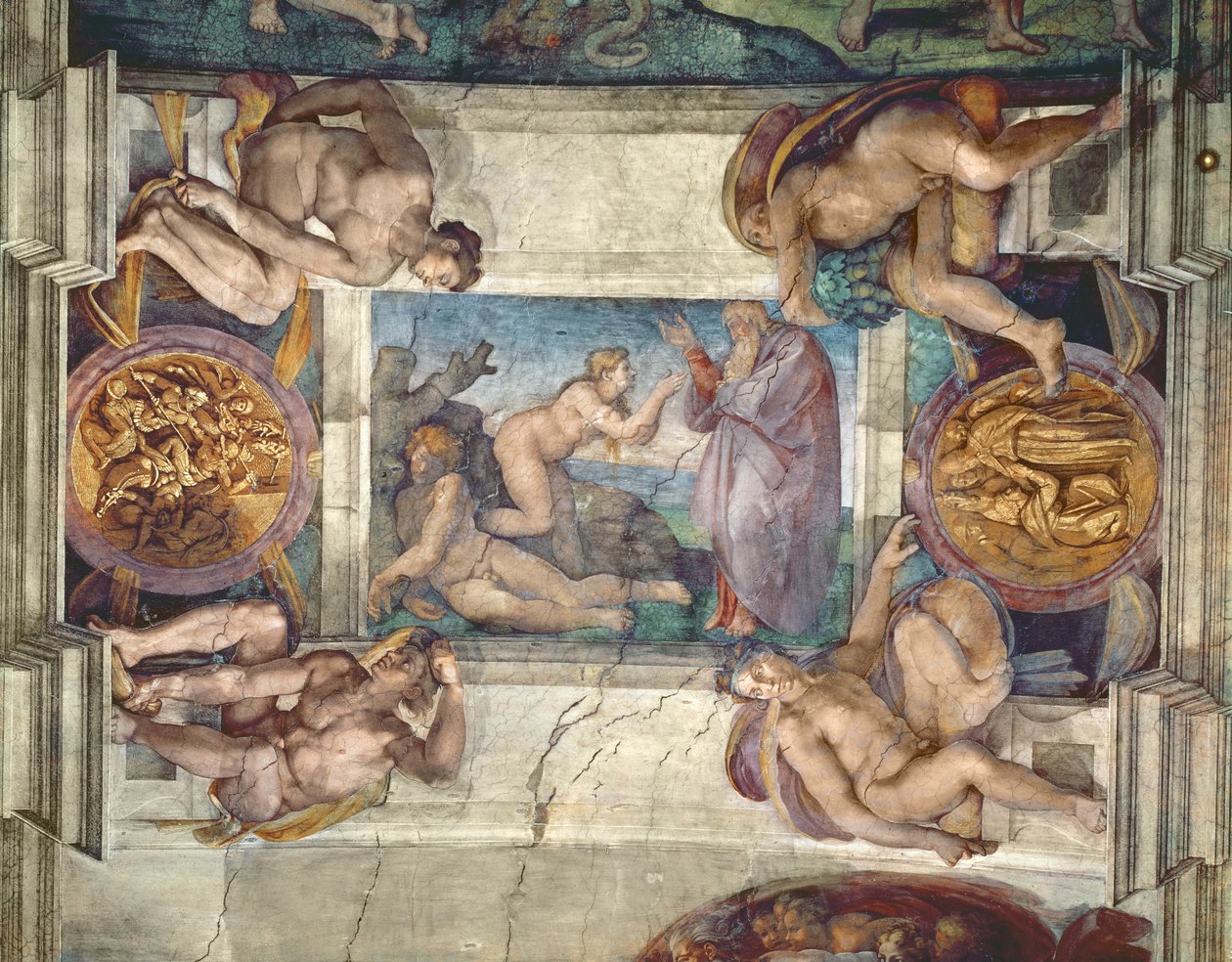 Sikstuksen kappelin katto: Eevan luominen, neljä Ignudia, 1510 (ennen restaurointi) tekijältä Michelangelo Buonarroti