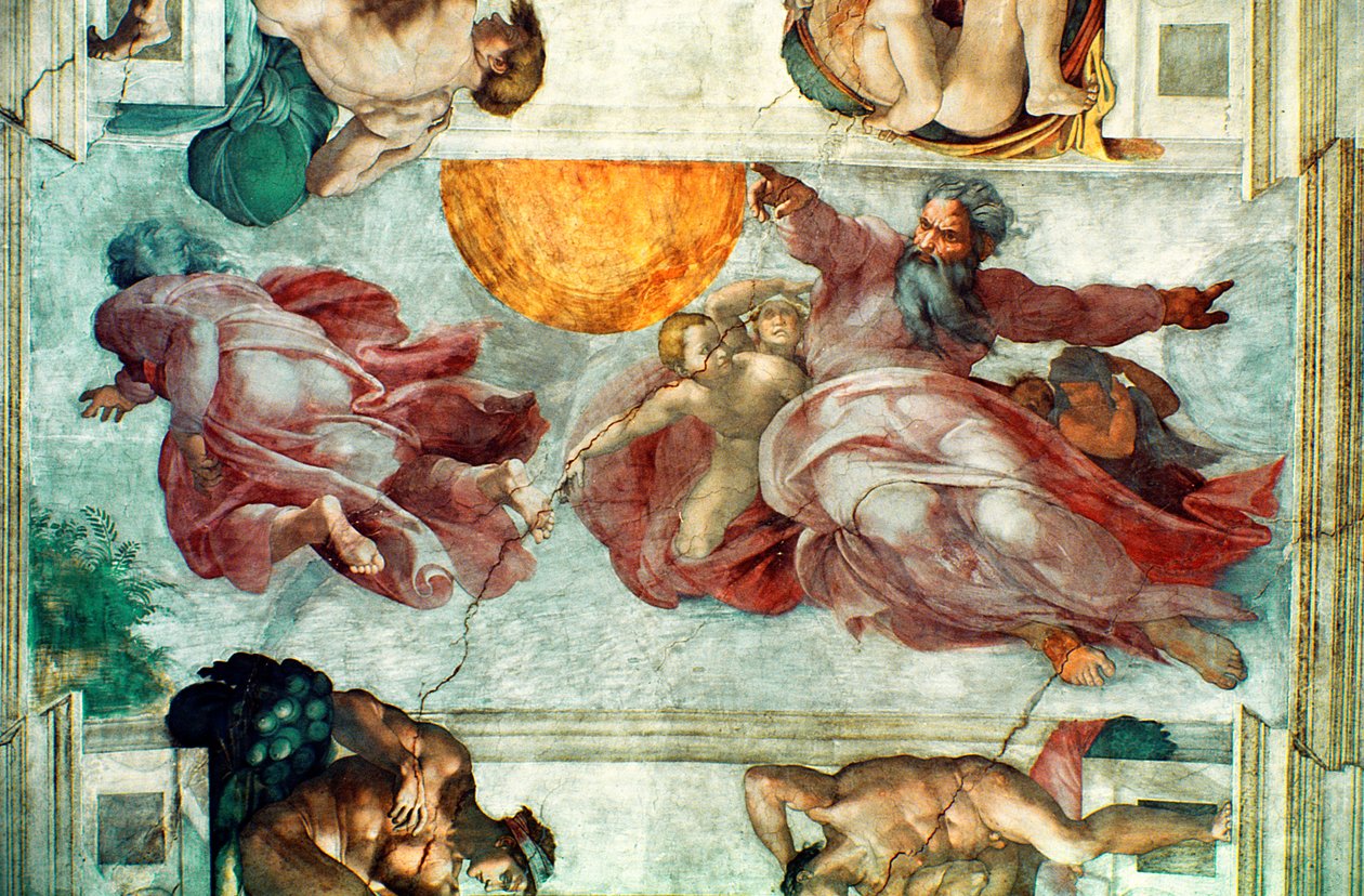 Sikstuksen kappelin katto: Auringon ja kuun luominen, 1508-12 tekijältä Michelangelo Buonarroti