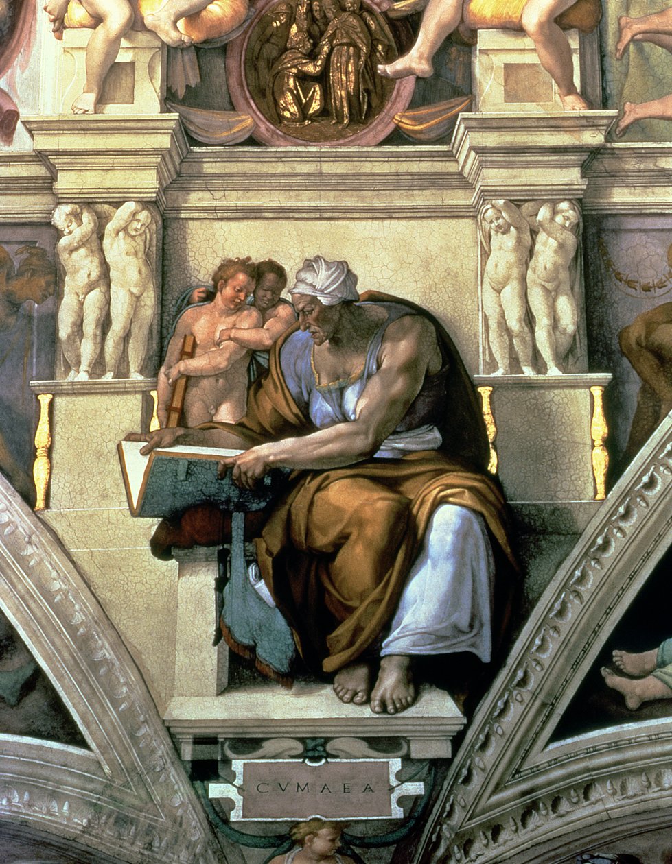 Sikstuksen kappelin katto: Cumaean Sibyl, 1510 (kunnostuksen jälkeen) tekijältä Michelangelo Buonarroti