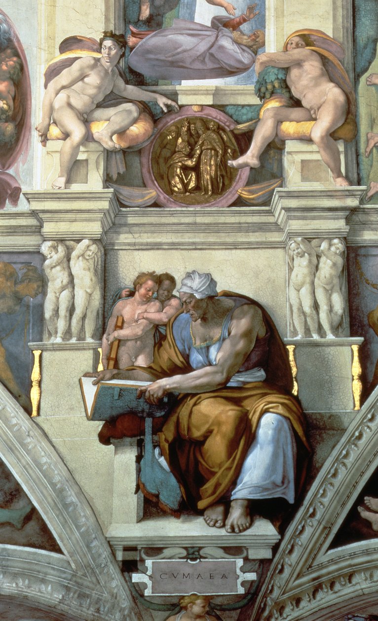 Sikstuksen kappelin katto: Cumaean Sibyl, 1510 freskon restauroinnin jälkeinen yksityiskohta 76588 tekijältä Michelangelo Buonarroti