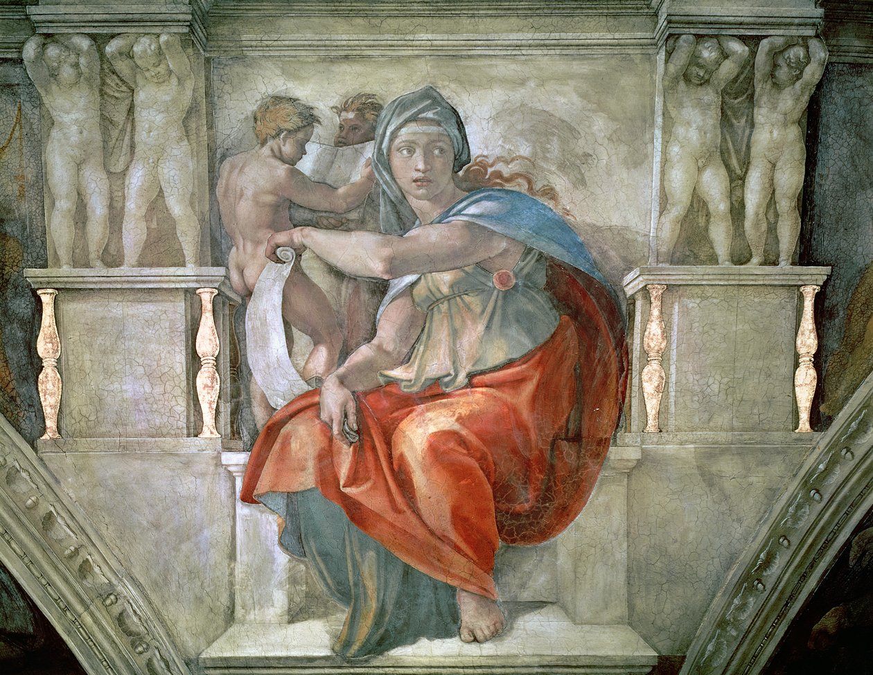 Sikstuksen kappelin katto: Delphic Sibyl tekijältä Michelangelo Buonarroti