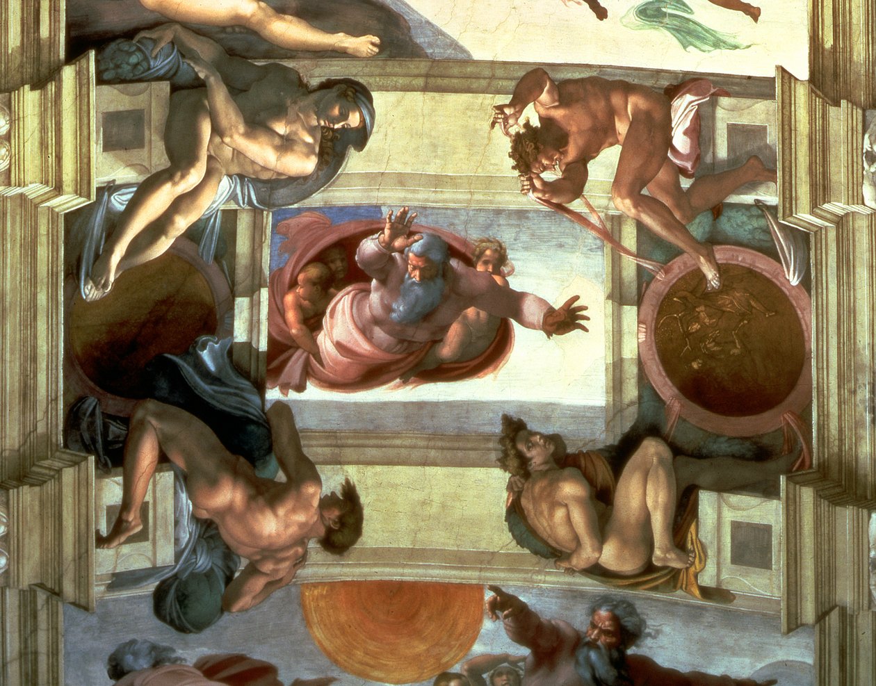 Sikstuksen kappelin katto: Jumala erottaa maan merestä, neljä Ignudia, 1510 (kunnostuksen jälkeen) tekijältä Michelangelo Buonarroti