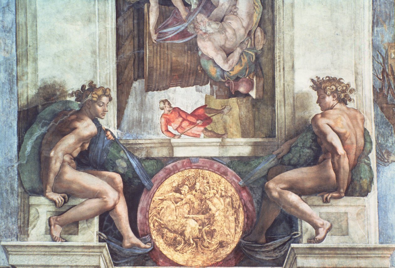Sikstuksen kappelin katto: Ignudi (ennen restaurointi) tekijältä Michelangelo Buonarroti