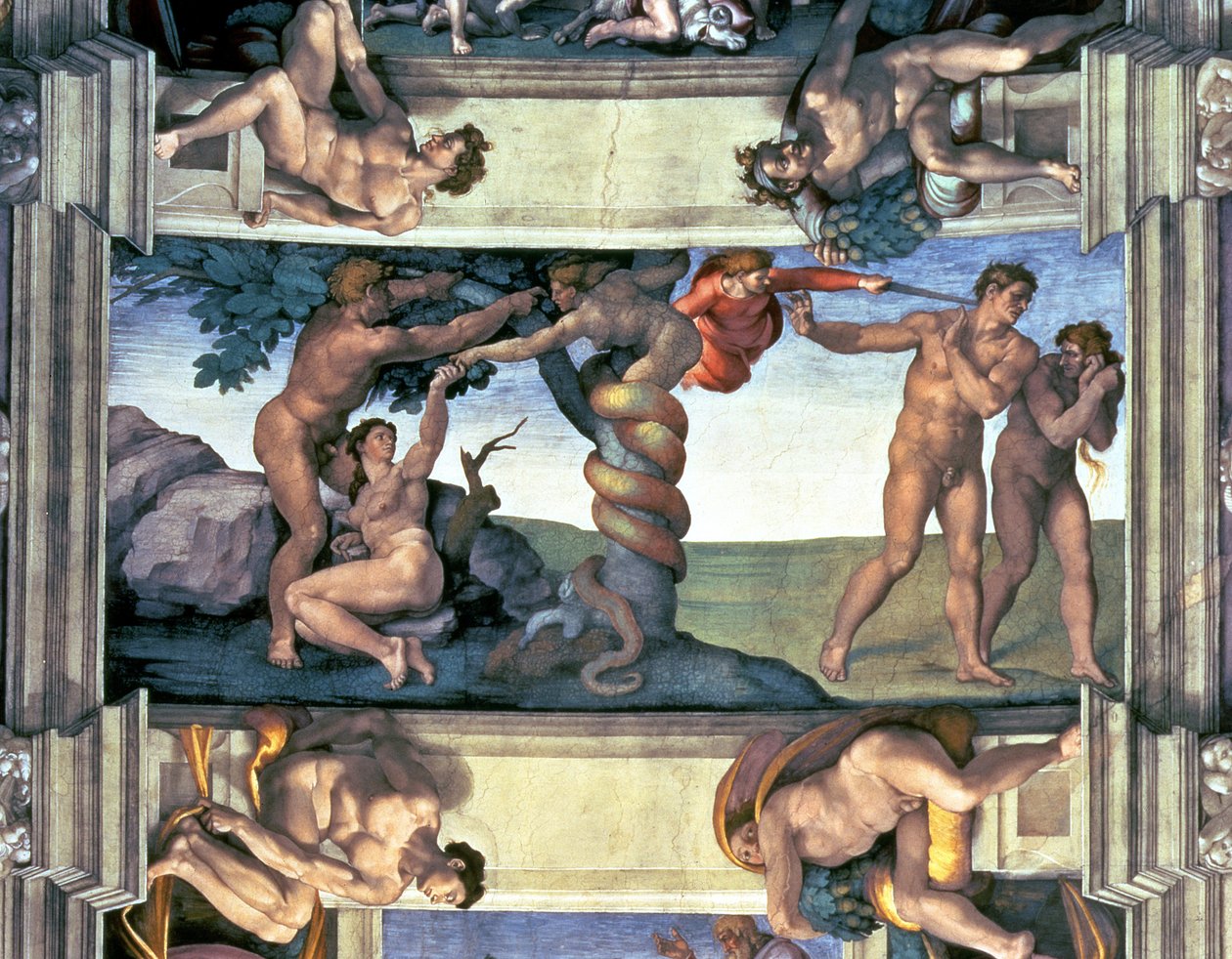 Sikstuksen kappelin katto: Ihmisen lankeemus ja karkotus Eedenin puutarhasta, neljä Ignudia, 1510 (kunnostuksen jälkeen) tekijältä Michelangelo Buonarroti