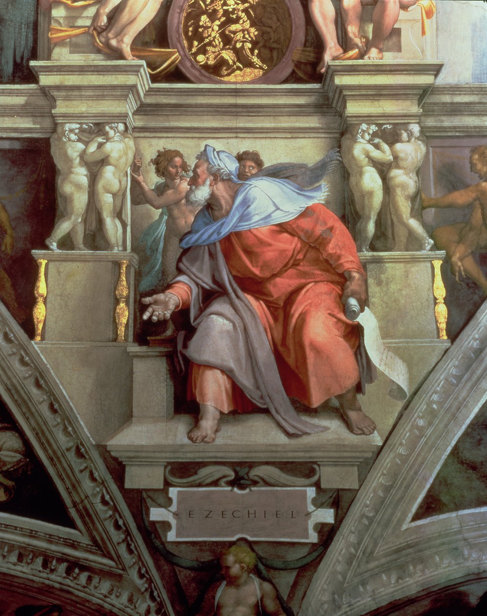 Sikstuksen kappelin katto: Profeetta Hesekiel, 1510 (palautuksen jälkeen) tekijältä Michelangelo Buonarroti