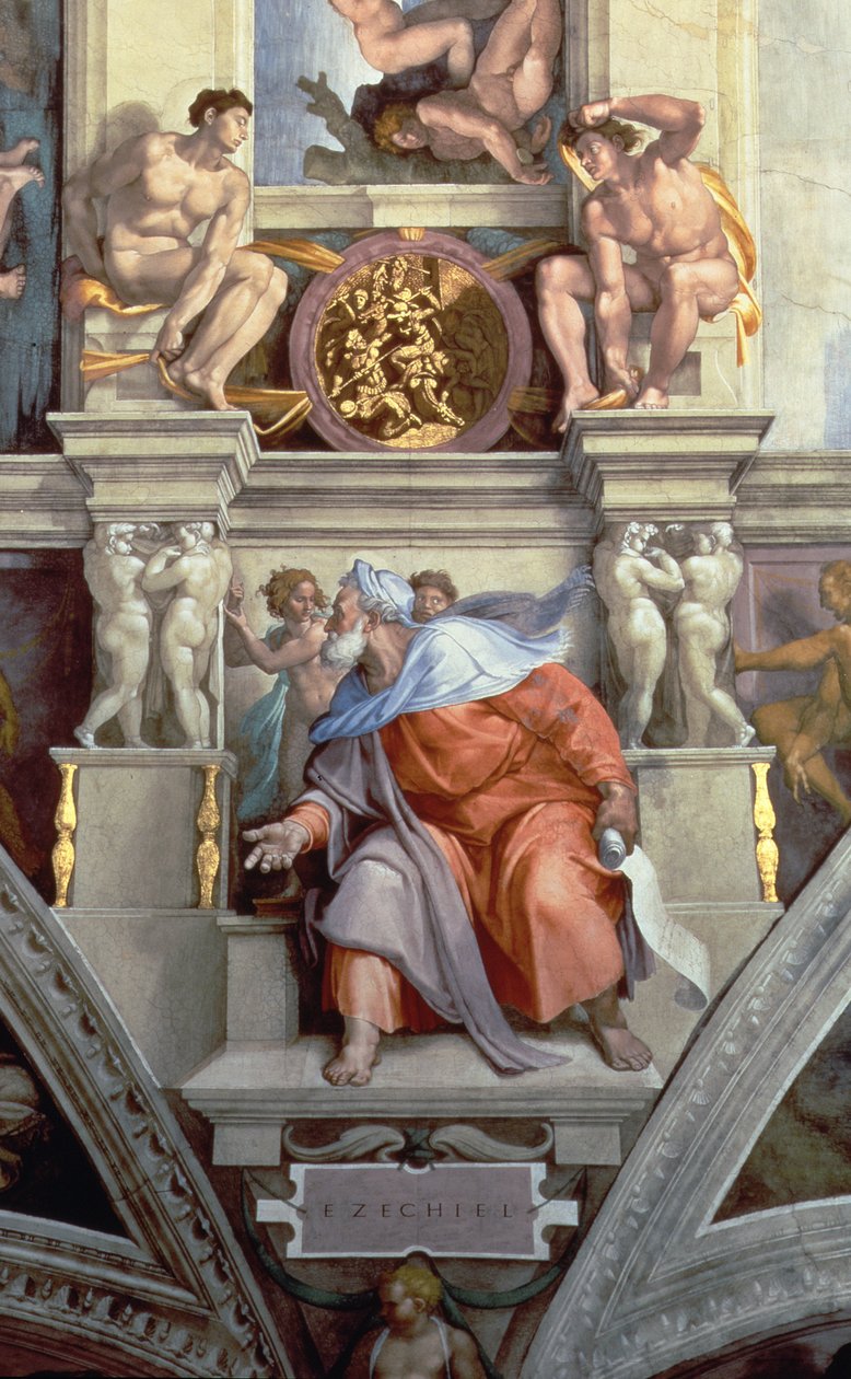Sikstuksen kappelin katto: Profeetta Hesekiel, 1510 freskon restauroinnin jälkeinen yksityiskohta 76588 tekijältä Michelangelo Buonarroti