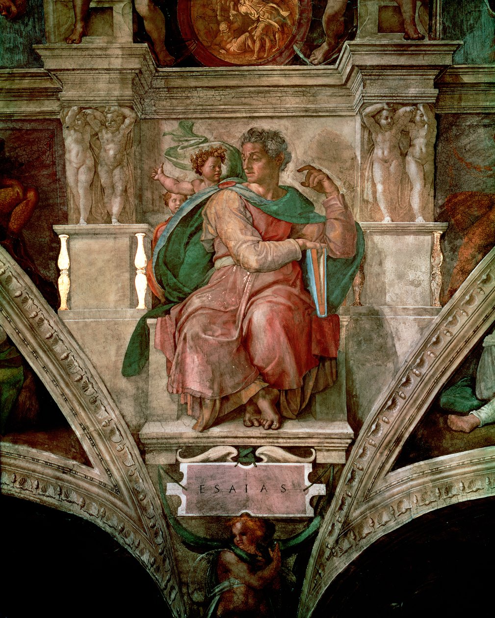 Sikstuksen kappelin katto: Profeetta Jesaja (ennen restaurointia) tekijältä Michelangelo Buonarroti