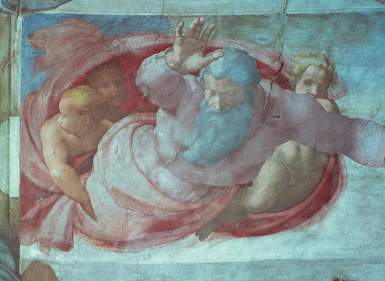 Sikstuksen kappeli: Jumala, joka erottaa vedet ja maan (ennen restaurointia) (yksityiskohta) tekijältä Michelangelo Buonarroti