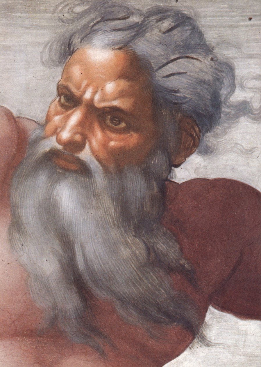 Sikstuksen kappelin katto: Auringon ja kuun luominen, 1508-1212, yksityiskohta Jumalan kasvoista tekijältä Michelangelo Buonarroti