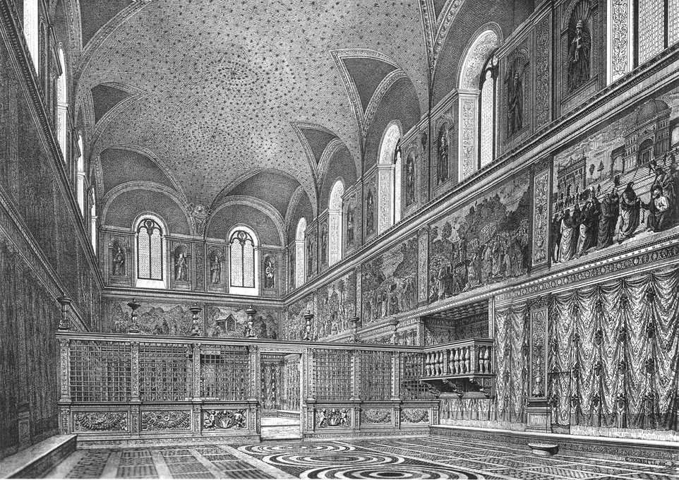Sikstuksen kappelin rekonstruoitu ulkonäkö tekijältä Michelangelo Buonarroti