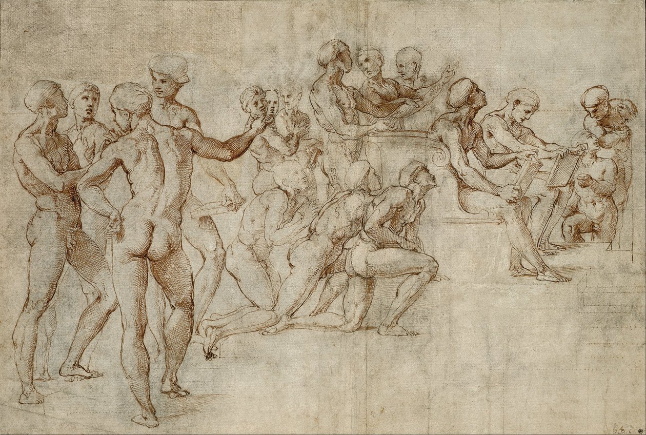 Luonnos Disputan vasemmasta alakulmasta tekijältä Michelangelo Buonarroti