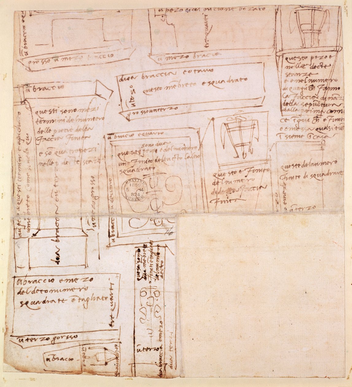 Luonnos marmorilohkoista patsaille, joissa on muistiinpanoja (ruskea muste paperille) (käänteinen) tekijältä Michelangelo Buonarroti