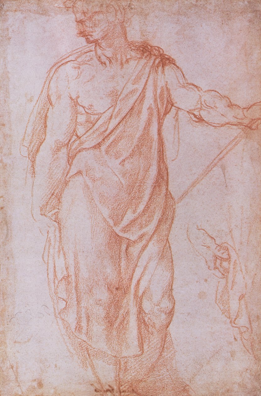 Piirros miehestä pitelemässä sauvaa ja käden tutkimusta (punainen liitu paperille) tekijältä Michelangelo Buonarroti