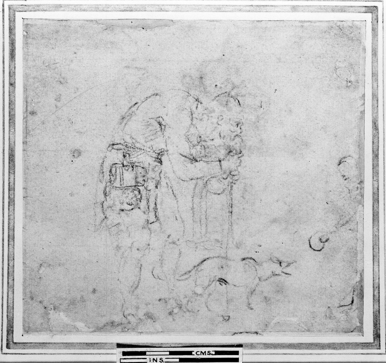 Luonnos hahmolla ja koiralla (hiili paperille) tekijältä Michelangelo Buonarroti