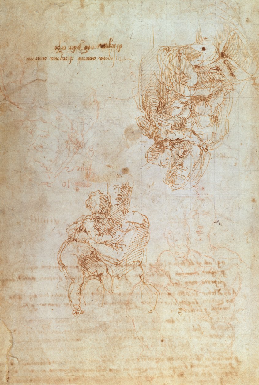 Madonnan ja lapsen tutkimukset (muste paperille) tekijältä Michelangelo Buonarroti