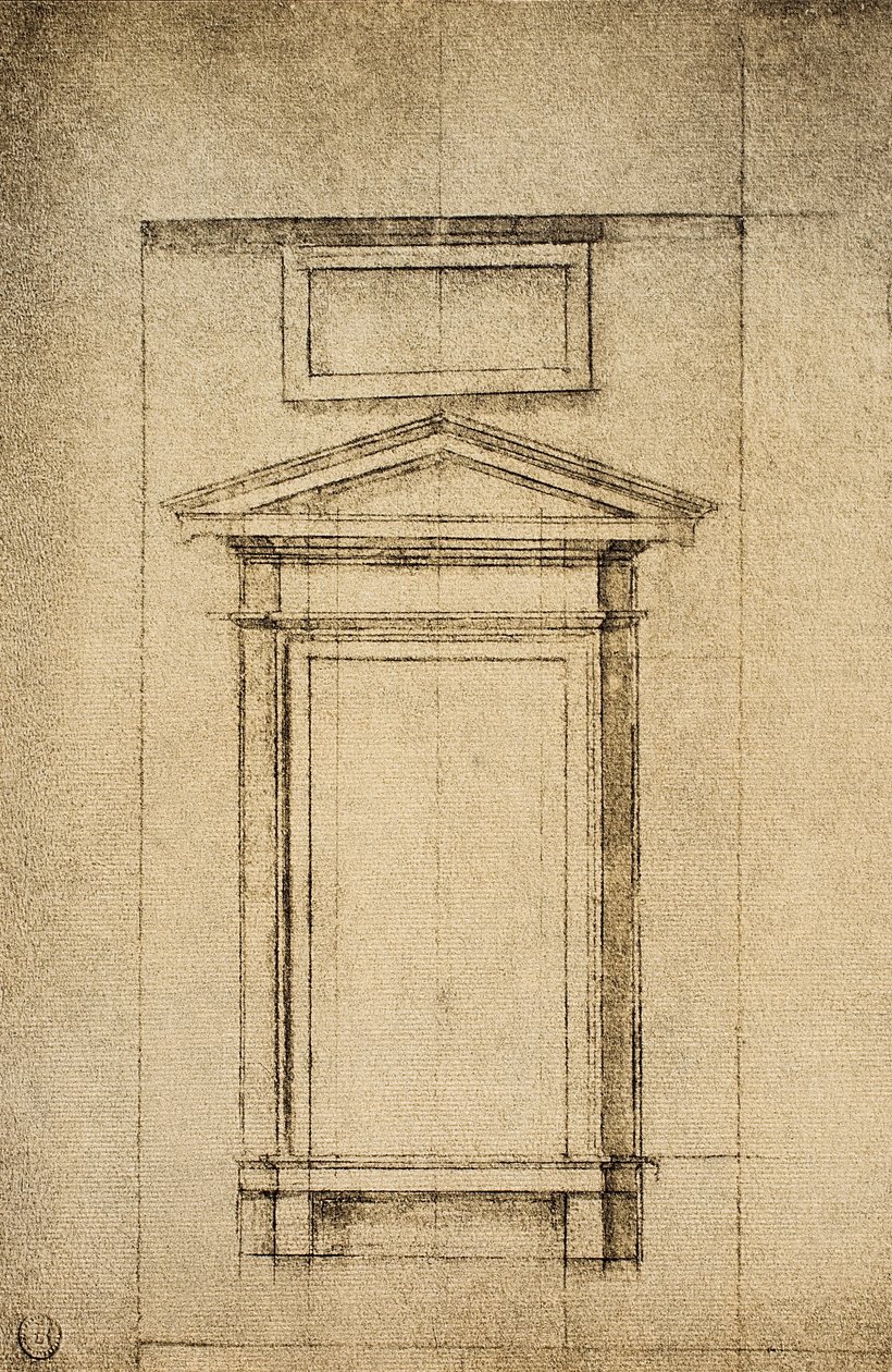 Tutkimus Laurentian kirjaston vestibolon ikkunaan; piirustus Michelangelo. Casa Buonarroti, Firenze tekijältä Michelangelo Buonarroti