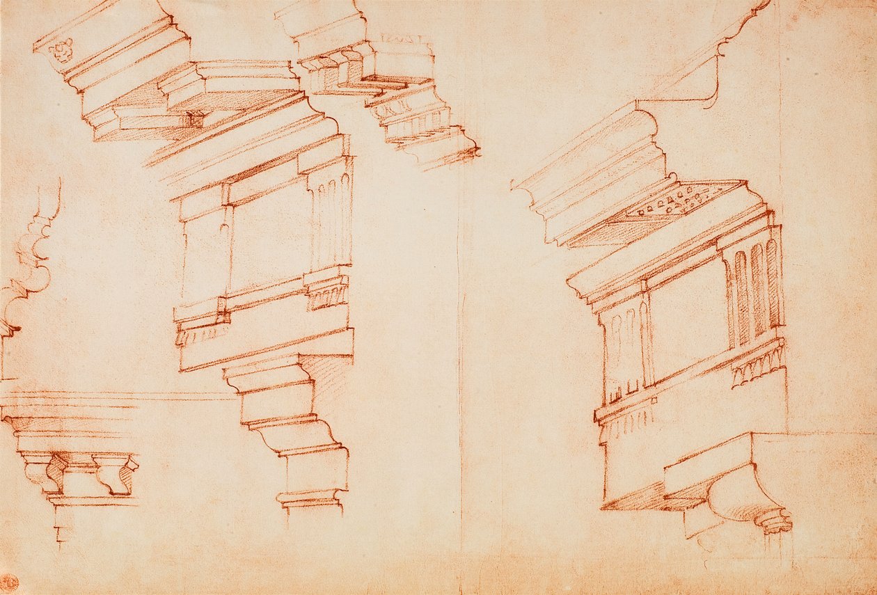 Tutkimus antablatuurille ja reunukselle; piirustus Michelangelo. Casa Buonarroti, Firenze tekijältä Michelangelo Buonarroti
