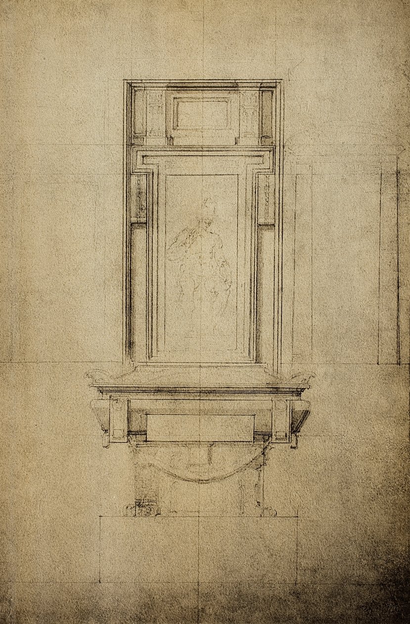 Tutkimus yhdelle San Lorenzon basilikan Medici-kappelin monumenteista; piirustus Michelangelo. Casa Buonarroti, Firenze tekijältä Michelangelo Buonarroti