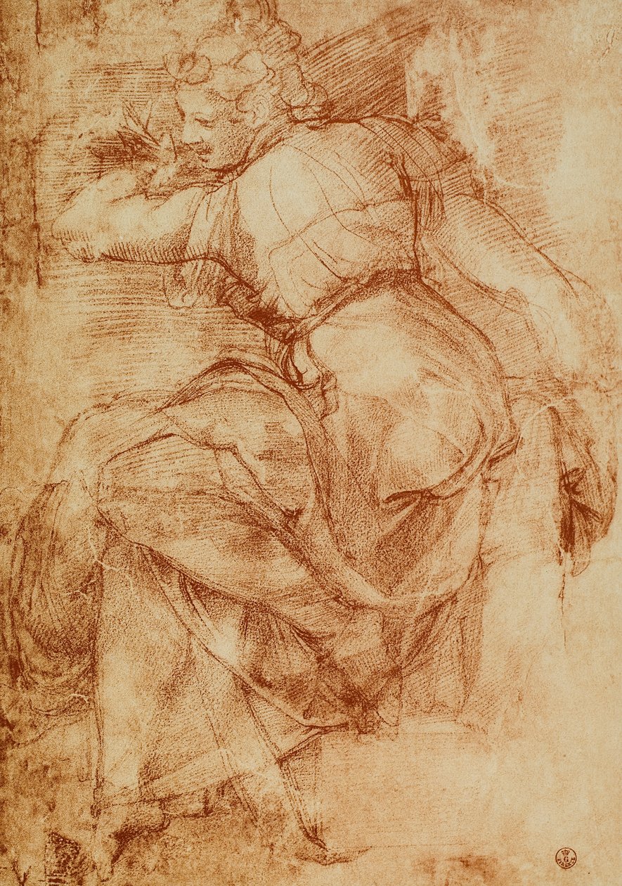Tutkimus Libyan Sibylille Sikstuksen kappelin holvissa, Michelangelo. Piirustus- ja grafiikkakaappi, Uffizi, Firenze tekijältä Michelangelo Buonarroti