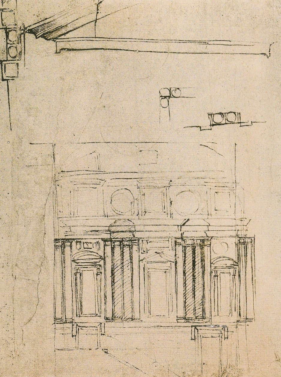 Michelangelon piirros Laurentian kirjaston ricetton julkisivua varten. Casa Buonarroti, Firenze tekijältä Michelangelo Buonarroti