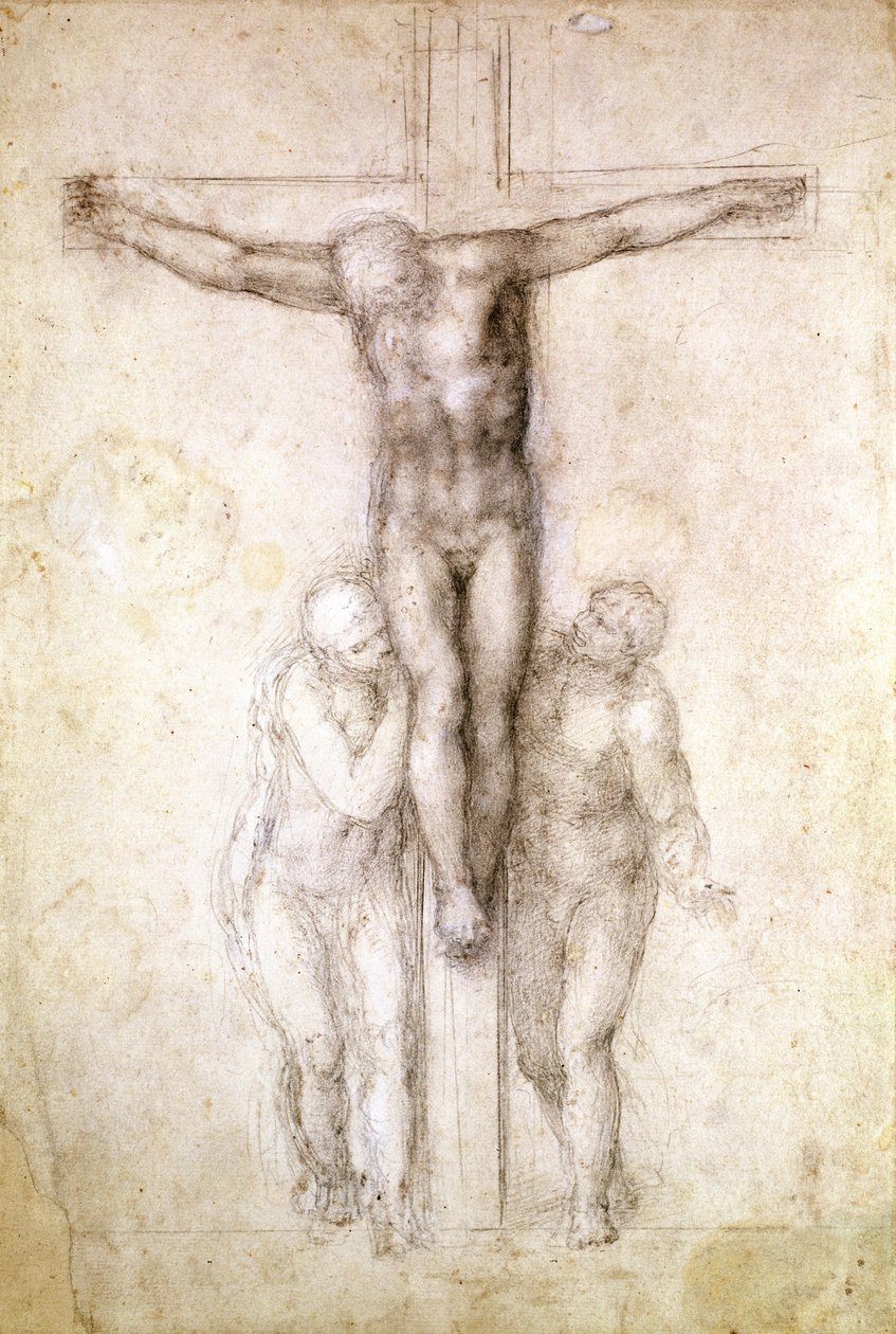 Tutkimus Kristus ristillä Neitsyen ja evankelista pyhän Johannes (musta liitu paperille) (recto) tekijältä Michelangelo Buonarroti